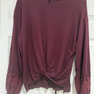 Alya Lace-Sleeve Twist Front Long Sleeve Top - Wine